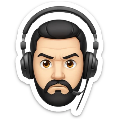 Furious man with furrowed brows, scowling face, black hair, brown eyes, black beard wearing a gaming headset sticker