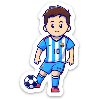 lionel messi dribbling a soccer ball wearing a blue and white jersey sticker