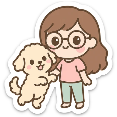 chibi style brunette female with glasses with her cream colored goldendoodle jumping up sticker