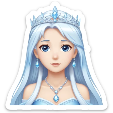 Shiny cute mature Beautiful anime ice queen with white long pretty hair with light-blue streaks, wearing an icy thin long dress and a silver tiara, necklace,  sticker