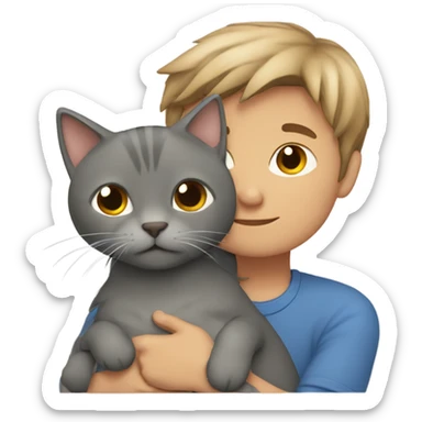 straight hair light brown boy cuddling a grey cat sticker
