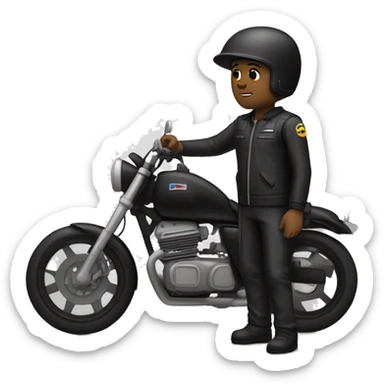 Un motorista e moto custom negra con ropa negra con casco negro y un sieste blanco en  l casco sticker