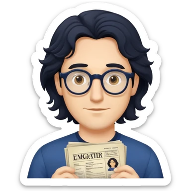 Young caucasian man with longer wavy black hair, round glasses, dark blue shirt, with theater playbill in hand sticker
