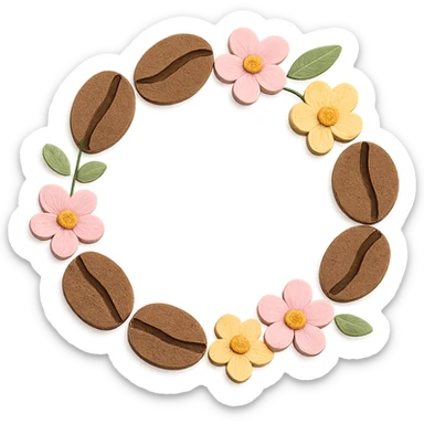 coffee bean floral wreath with small flowers, hand-drawn pastel design sticker
