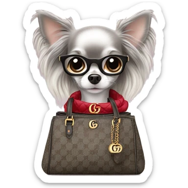Grey Merle long hair chihuahua in a Gucci handbag sticker