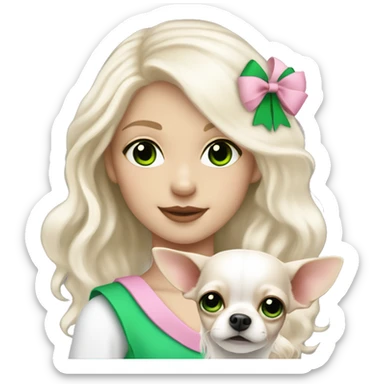 pale blond girl with wavy long platinum white hair with bright green eyes holding a white chihuahua that wearing a pink bow sticker