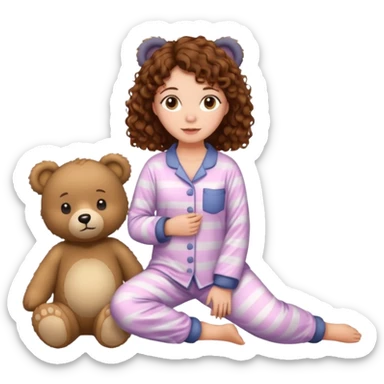 Grown up Woman with brown eyes, brown curly hair, white skin, full body in cute pijama bear sticker