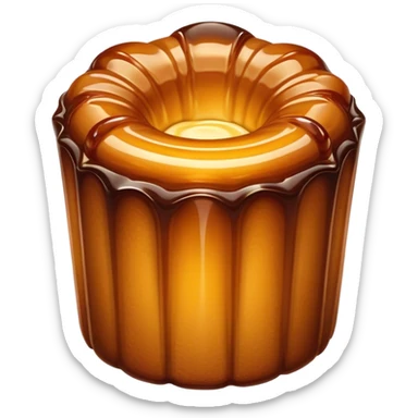 Cinematic rich cannelé, dark caramelized crust with a soft, custard-like interior, glossy finish, warm golden hues, elegant and indulgent. sticker