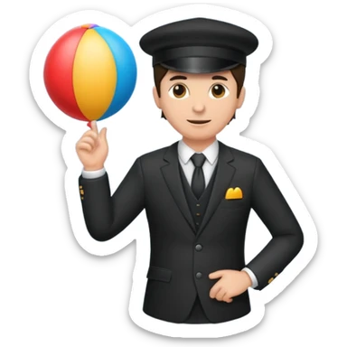 Director tecnico con un traje negro, gorra y un balon bajo el brazo sticker