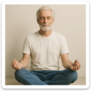grey-haired and bearded white man meditating, white t-shirt, blue jeans, peaceful expression, minimal background sticker