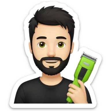 smiling young fair-skinned man with messy black hair and beard, wearing a black t-shirt, holding one small true-to-size lime green face beard trimmer in one hand, iOS emoji style sticker