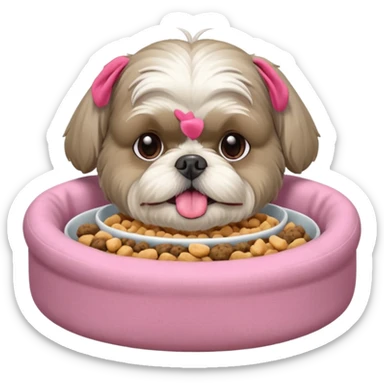 old ALL grey shih tzu in pink dog bed tongue hanging out with a bowl of food sticker