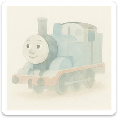 Thomas the Tank Engine, ink and watercolor, storybook style, charming and whimsical sticker