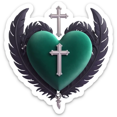 gothic heart, dark emerald velvet, silver cross, feather accents, lush and gothic sticker