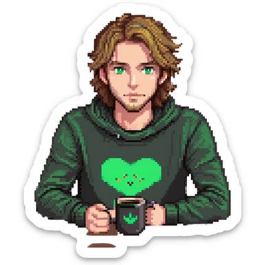 man with light brown hair and green eyes sitting at a desk with a laptop, coffee mug nearby sticker