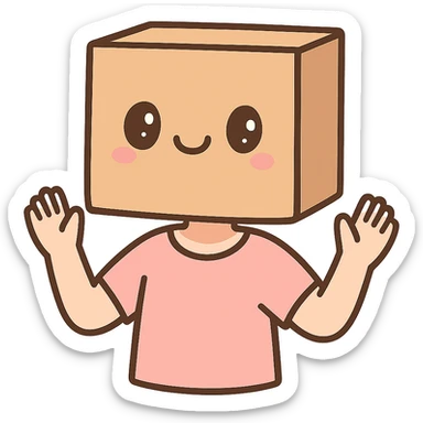 a person with a cardboard box on their head, the box has a cute smile, playful and lighthearted style sticker