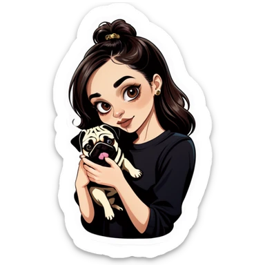 Beautiful young girl with choppy long dark brown hair flows over her her septum piercing is gold and shines as she holds her black phone and her large pug with an underbite layed beside her sticker