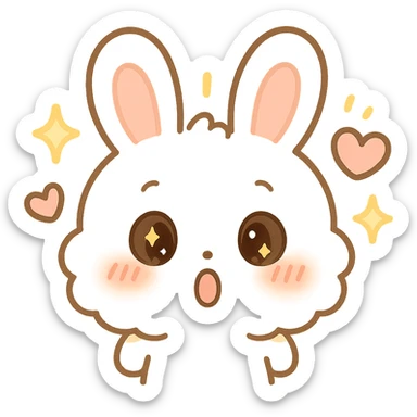 kawaii chibi-style bunny emoji with surprised mood, round fluffy face, sparkly eyes, blushing cheeks, pastel color palette, soft rounded design, anime-style, sparkles and hearts, vector art, transparent background sticker