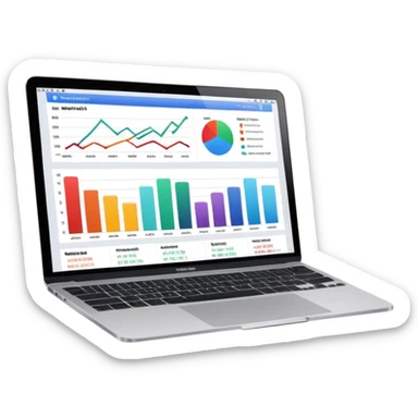 Create a macbook displaying financial analytics dashboards on the screen. sticker