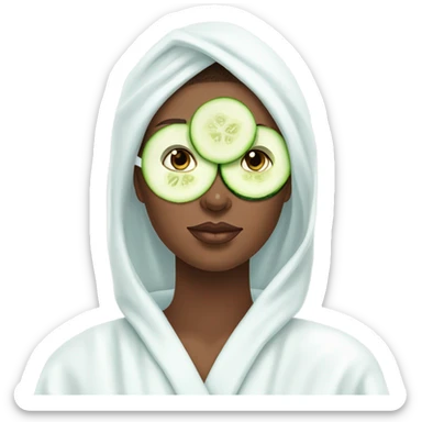 Girl with freackles Brown hair white skin and blue eyes wears Green colored texture skin care mask all over her face while She relaxes she puts on two mini round piece of cucumber on her closed eyes In a white Robe sticker