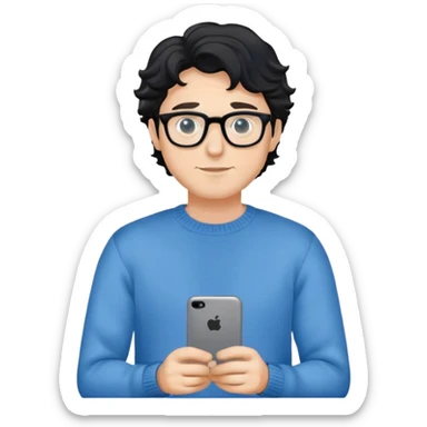Caucasian man with black wavy hair wearing glasses and a long sleeve blue sweater sticker