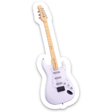 White electric guitar with sleek shiny body, black strings, and smooth neck sticker
