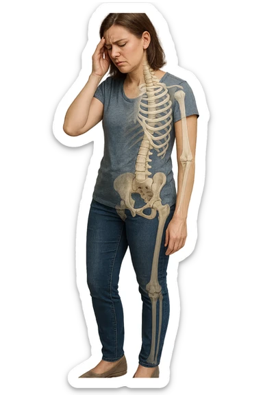 donna stanca a figura intera che si tiene una mano sulla tempia con spina dorsale anatomica visibile, iperrealistico 4k sticker