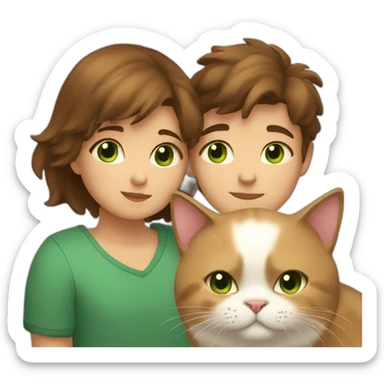 Girl with brown eyes and brown short hair kisses boy with long brown hair and green eyes and hugs brown fat cats sticker