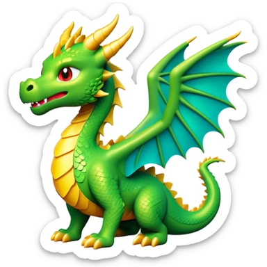 Clash of Clans aesthetic: Cinematic Playful Dragon Emoji, rendered in a 3D vector-style similar to standard emojis with minimal shading and bold, simplified shapes. A compact, isometric dragon with majestic wings and intricately scaled details, softly glowing with a legendary, mythical charm. Simplified yet unmistakably iconic, highly detailed and consistent, glowing with a soft radiant brilliance and high shine. Stylized with a touch of fantastical might and a soft glowing outline, capturing the essence of a mighty dragon with a friendly, playful demeanor! sticker