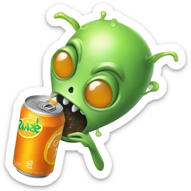 An alien chugging a can of orange soda  sticker