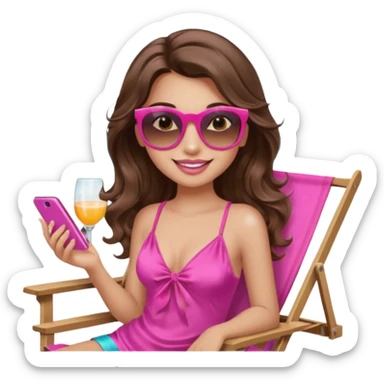 girl with long wavy brown hair, brown eyes, long lashes makeup, sexy pink lips, smiling, light to medium complexion, wearing a pink sexy silk top, relaxing in a beach chair  sticker