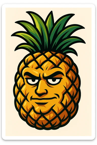 a pineapple with a sigma face, bold cartoon style sticker