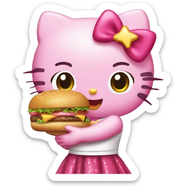 Twin hello kitty wearing pink skirt and glittery holding burger sticker