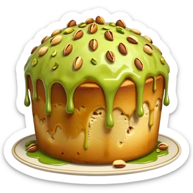 panettone con glassa al pistacchio che scende lungo i bordi e pistacchi come decorazione sticker