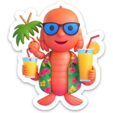 shrimp on vacation wearing sunglasses and a hawaiian shirt, holding a tropical drink, relaxing on a beach, memoji style sticker