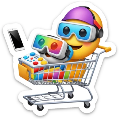 shopping cart with a VR headset, tablet, and game controller inside emoji sticker