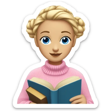 girl in a pink sweater, blonde with a bun and blue eyes, reads a book sticker