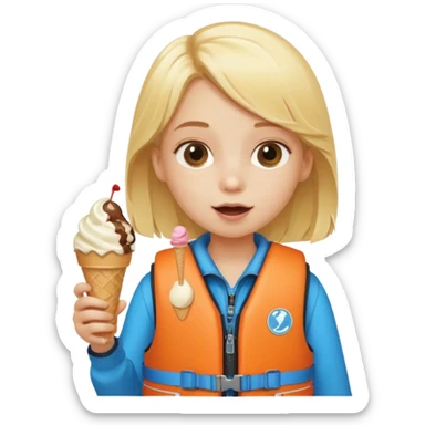 girl blonde kid wearing lifejacket, eating ice cream sticker