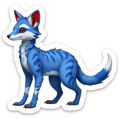 Feral Rare Fantasy sapphire-blue Vernid-Sergal-Genet-species by LiLaiRa, random markings, tufted ears, full body, 4 legs, darker ears, darker legs, red markings, white belly sticker