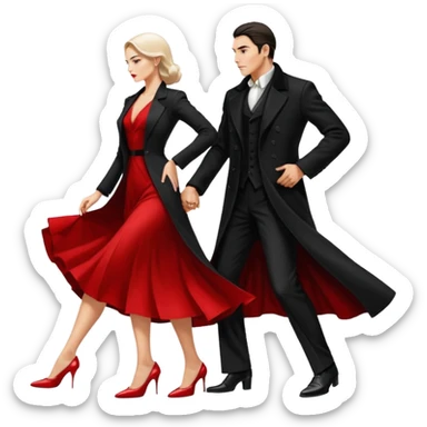 Ultra detailed realistic tango couple icon, black background, dramatic lighting, long black coat on man, white shirt and white shoes, red dress and white heels on woman, centered, minimal background, high contrast, 4K resolution, profile picture ready, sharp clean edges sticker