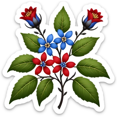 dull green leaves & red & blue flowers filigree design & small fruits& ebony branches, extremely detailed, complex design sticker