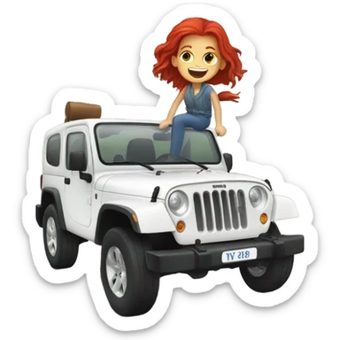 White Jeep with a red headed girl driving sticker