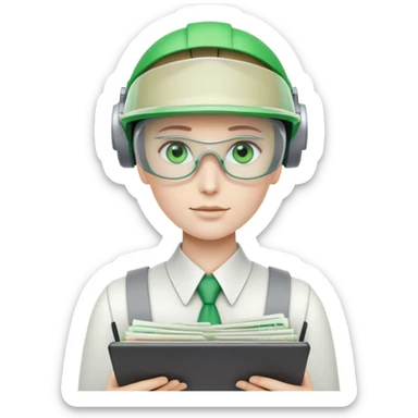 human like robot bookkeeper wearing an accounant Green eyeshade visor and holding spreadsheets sticker