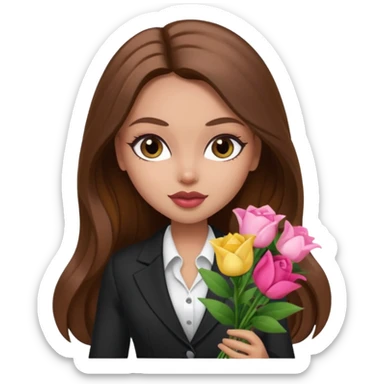 corporate pretty bratz baddie, long brown hair holding flowers sticker
