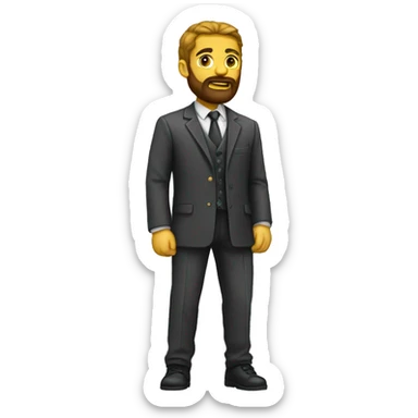 Roman male wearing a suit standing straight up , full beard mix with yellow  sticker