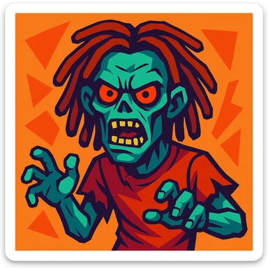 zombie with dreadlocks, menacing expression, stylized, vibrant toon style sticker