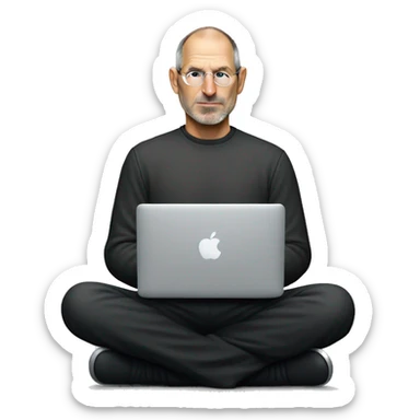 Steve job sitting cross-legged and workin on a macbook sticker