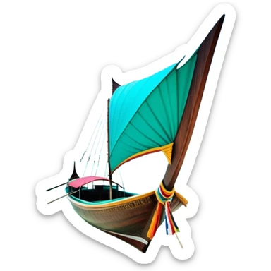 ​Cinematic Realistic Authentic Thai Longtail Boat, depicted as a traditional wooden longtail boat with a sleek, elongated hull and a brightly painted canopy, its long tail fin cutting gracefully through turquoise waters under a clear tropical sky, rendered with vibrant textures and dynamic natural lighting that captures its rustic charm and cultural heritage, sticker