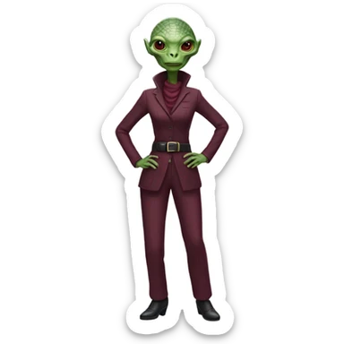 a Reptilian alien woman, full body, inBurgundy buckle dress pants sticker