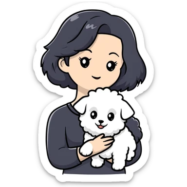 woman with long black hair holding white fluffy Bichon Frise dog sticker